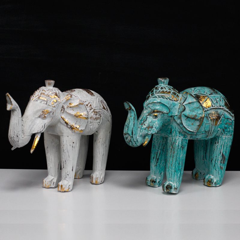 Wood Carved Elephant - Turquois Gold