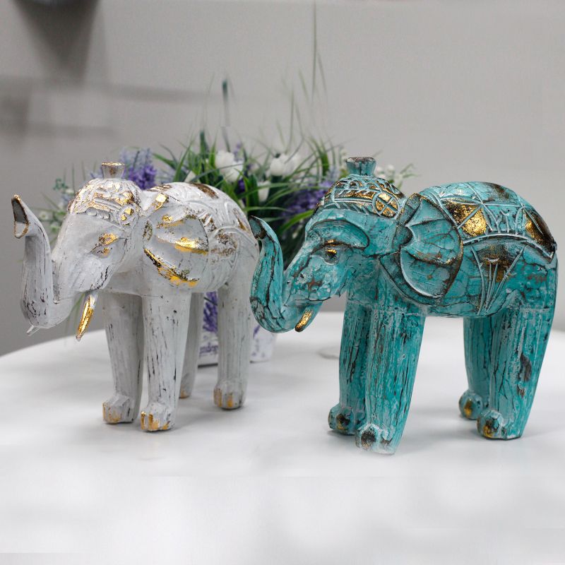 Wood Carved Elephant - Turquois Gold