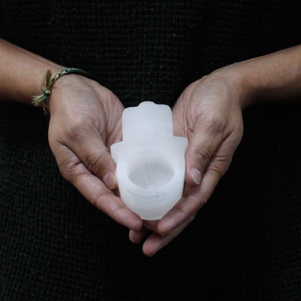 Selenite Hamsa Candle Holder 