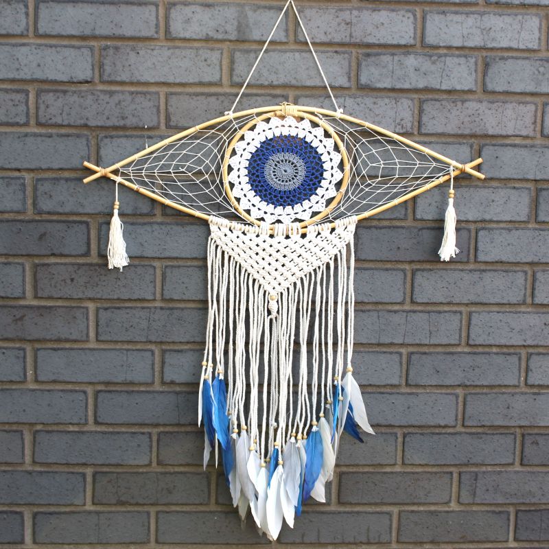 Protection Dream Cather - Lrg Macrame Eye White/ Blue/Grey