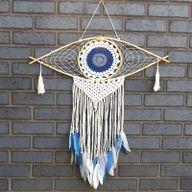 Protection Dream Cather - Lrg Macrame Eye White/ Blue/Grey