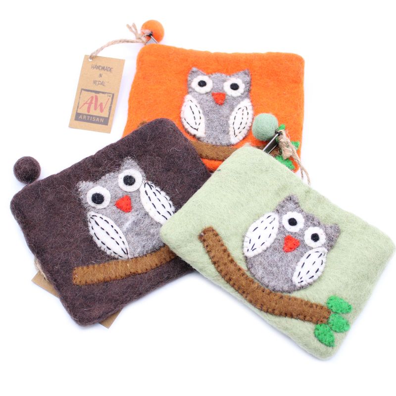 Natural Felt Zipper Pouches - Owl on Branch