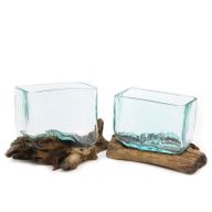 1x Molten Glass Tank on Wood with Stand - Large Bowl