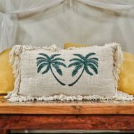 1x Linen Cushion 30x50cm Palm Tree with Fringe