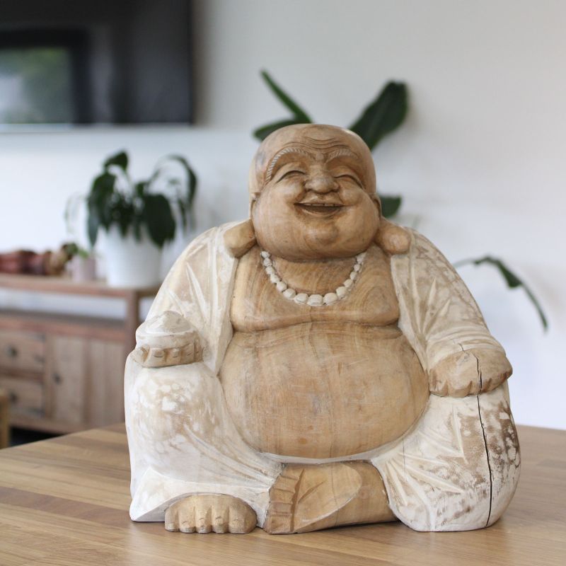 Hand Carved Buddha Statue - 30cm Happy - Whitewash