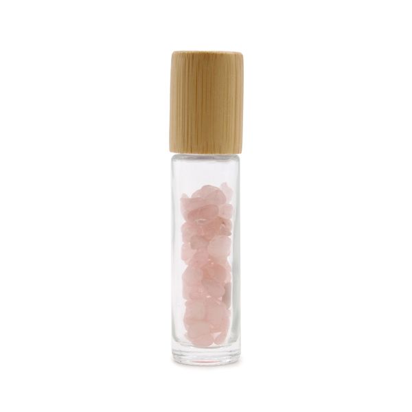 Gemstone Essential Oil Roller Bottle - Rose Quartz  - Wooden Cap + Gemstone Roller Tip for 5ml Bottle - Rose Quartz