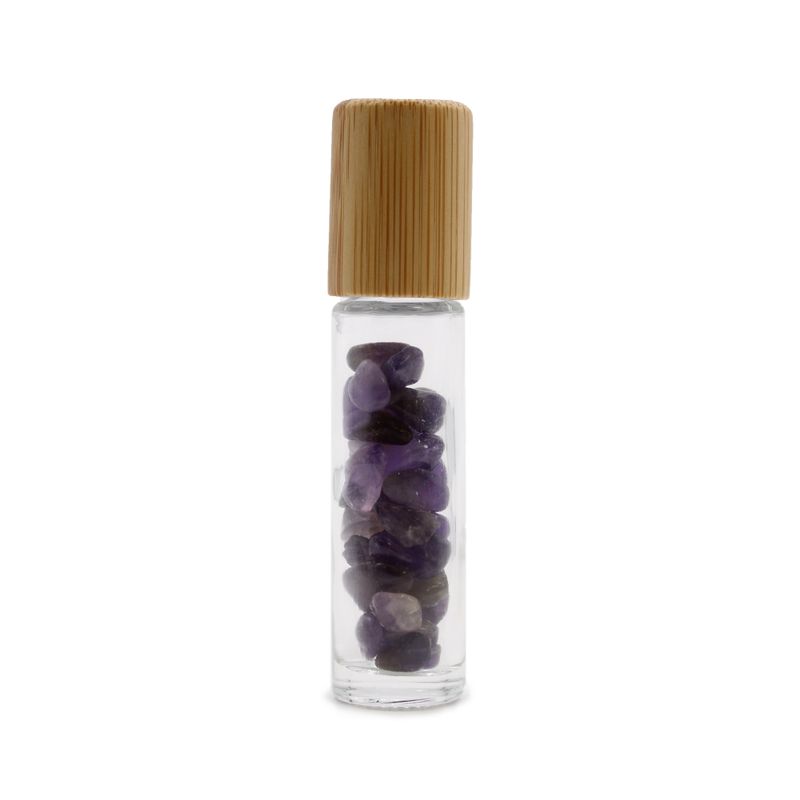 Gemstone Essential Oil Roller Bottle - Amethyst  - Wooden Cap + Gemstone Roller Tip for 5ml Bottle - Amethyst