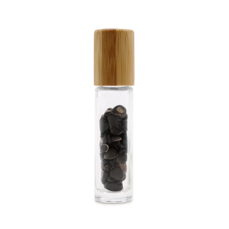 Gemstone Essential Oil Roller Bottle - Black Tourmaline  - Wooden Cap + Gemstone Roller Tip for 5ml Bottle - Black Tourmaline