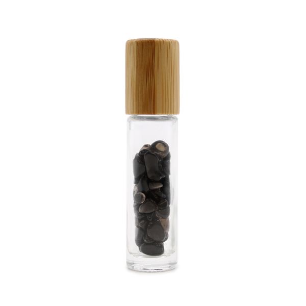 Gemstone Essential Oil Roller Bottle - Black Tourmaline  - Wooden Cap + Gemstone Roller Tip for 5ml Bottle - Black Tourmaline