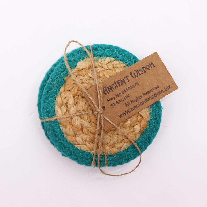 Natural Coaster - Jute & Cotton 10cm (set of 4) - Teal Boarder