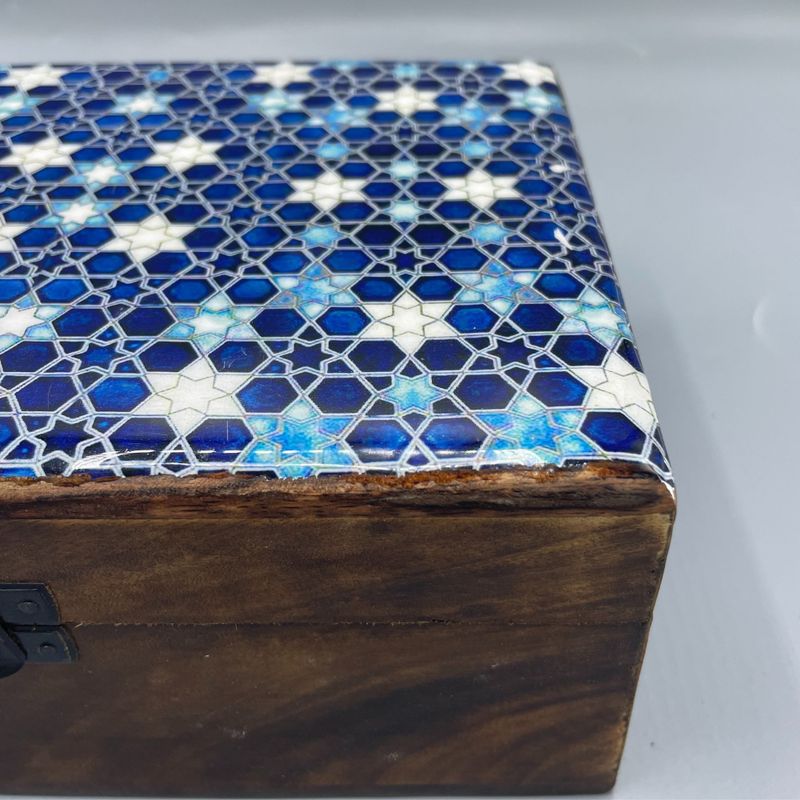 Large Ceramic Glazed Wood Box - 20x15x7.5cm - Blue Stars