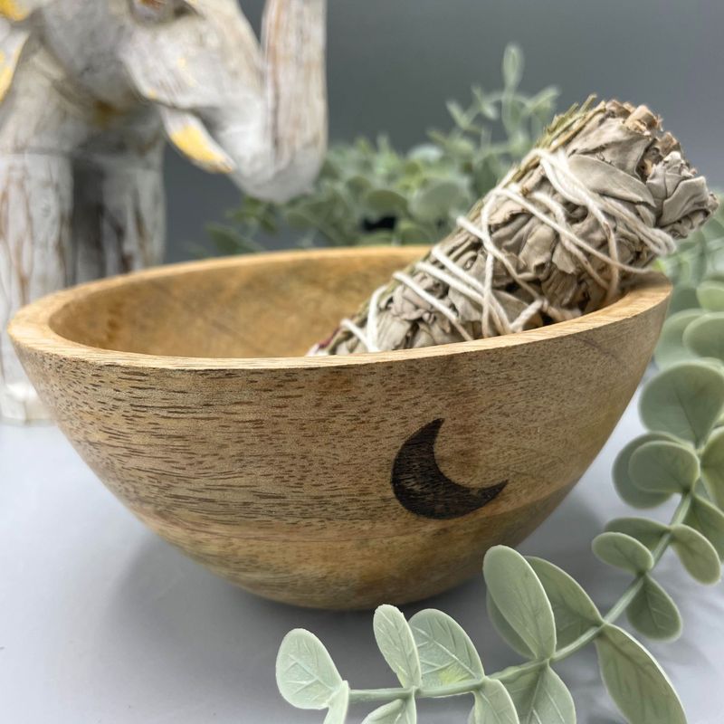 Wooden Smudge and Ritual Offerings Bowl - Three Moons - 14x7cm