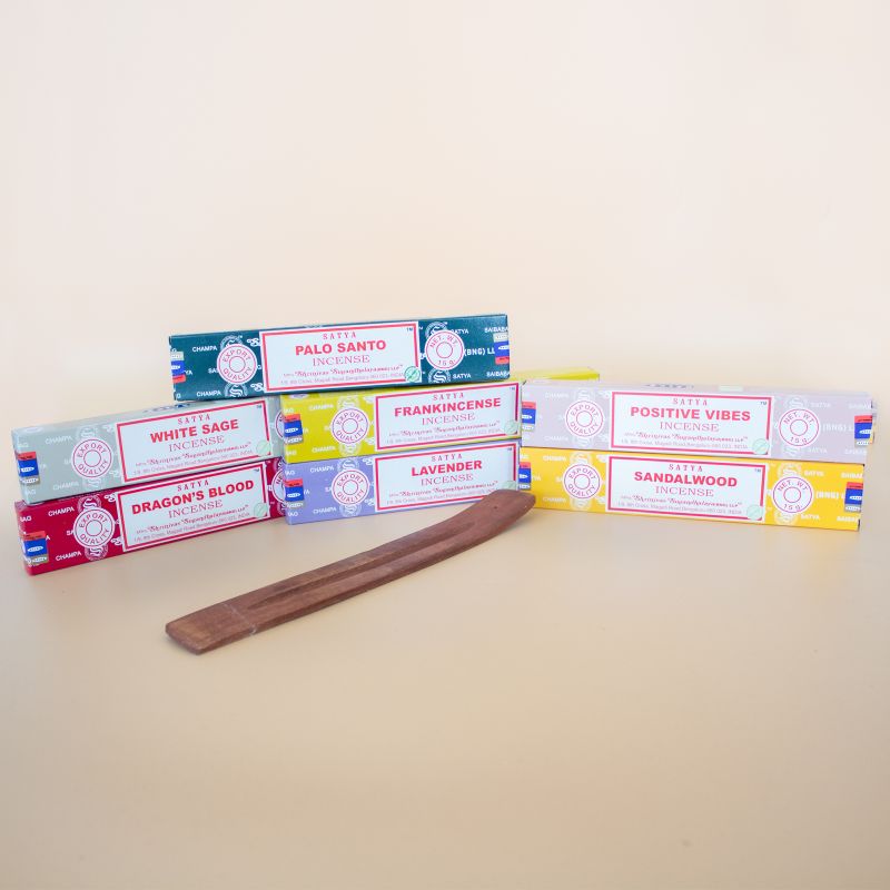 Satya Incense Sticks Starter Pack Set (7 scents + Mango Wood Incense Holder)