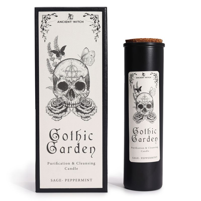 Gothic Garden Ancient Witch ritual candle and matching gift box, front view
