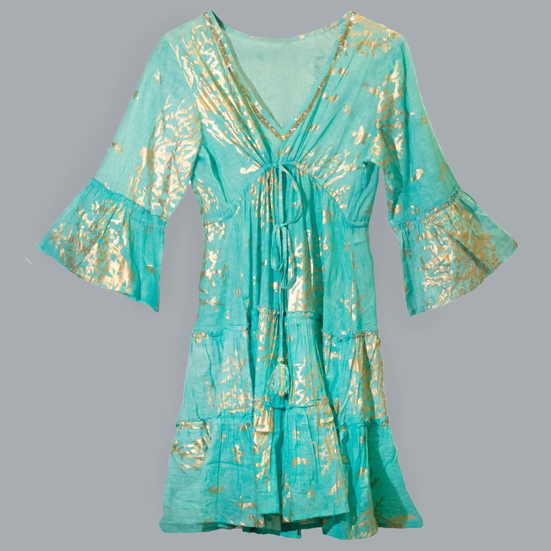(LXL) Nomad Sari On the Med Collection - Dress - Turquoise & Gold Coral Design