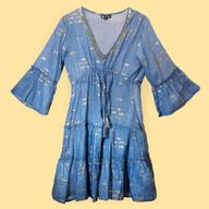Nomad Sari On the Med Sea Blue & Gold Fish Print Dress (M/L)