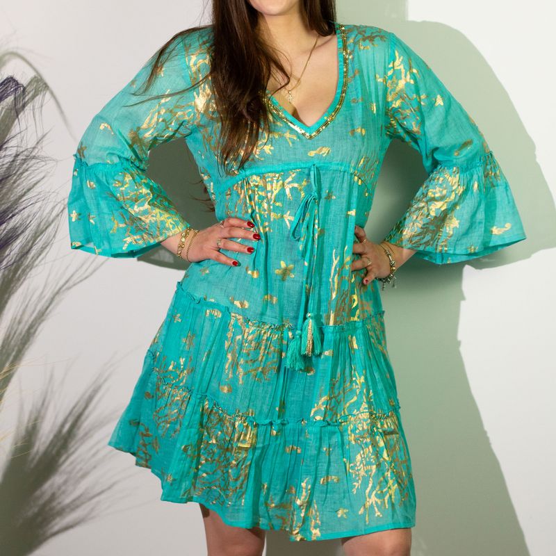 (LXL) Nomad Sari On the Med Collection - Dress - Turquoise & Gold Coral Design