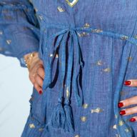 Nomad Sari On the Med Sea Blue & Gold Fish Print Dress (M/L)