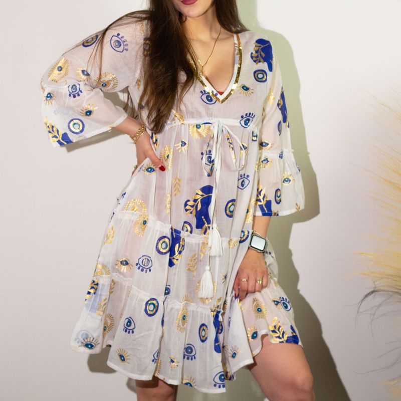 (LXL) Nomad Sari On the Med Collection - Dress -  White , Blue & Gold Evil Eye Design