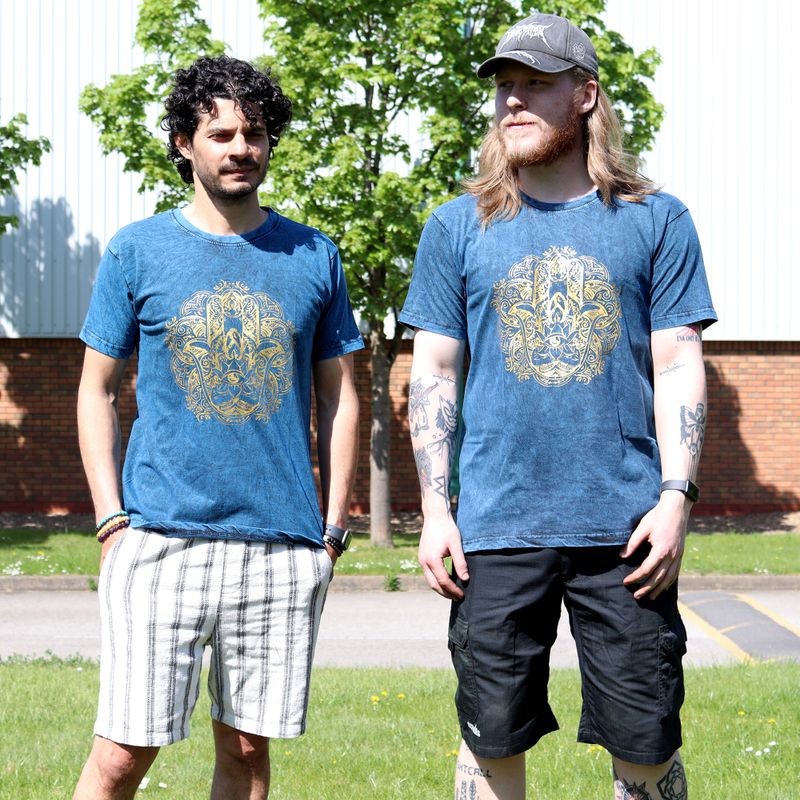 Nomad Sari Stonewashed Cotton T-Shirt – Hamsa – Blue – XL