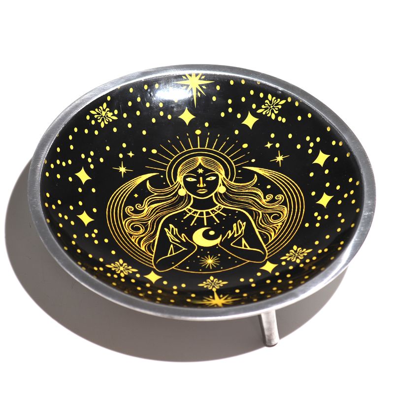 Triple Leg Enamelled Offering Plate - Gold Goddess on Black