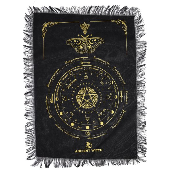 Ancient Witch Pendulum Divination Cloth - Mystic Moth - Black & Gold