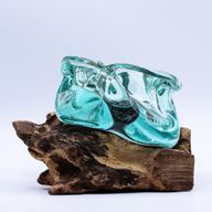 Molten Glass Chunky Ashtray / Candle Holder on Wood 23cm