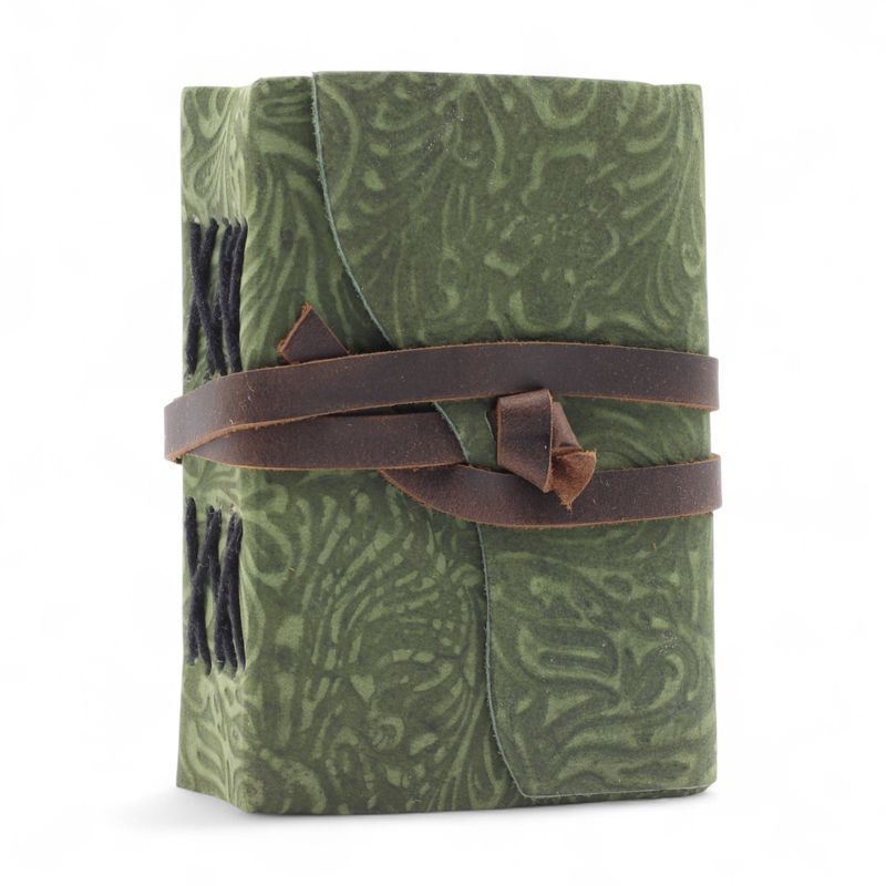 Fat Deckled Leather Notebook – Green Maze Pattern – 12.7×8.9 cm