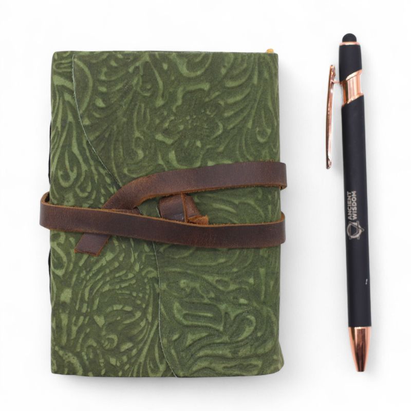 Fat Deckled Leather Notebook – Green Maze Pattern – 12.7×8.9 cm