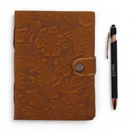 Leather Embossed Notebook – Tan Floral Pattern –  17.8×12.7 cm