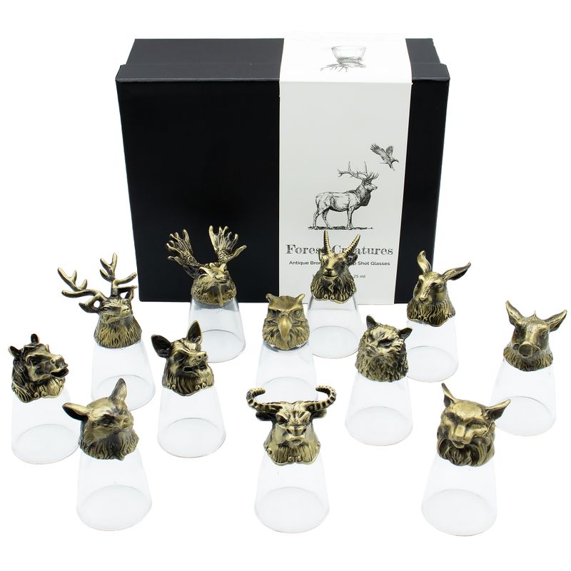 Gift Set of 12 Bottom Up Shot Glasses (25ml) - Forest & Mystical Creatures - Antique Bronze