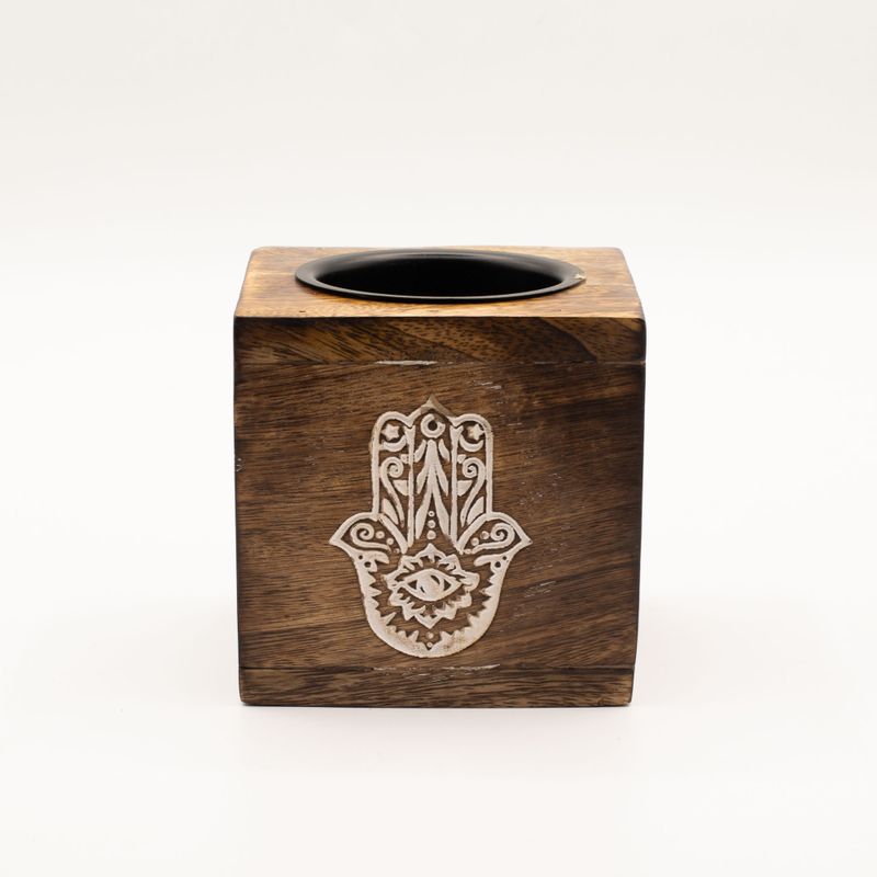 Square Mango Wood Oil Burner - Hamsa