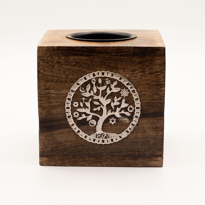 Large Square Mango Wood Oil Burner - Tree of Life