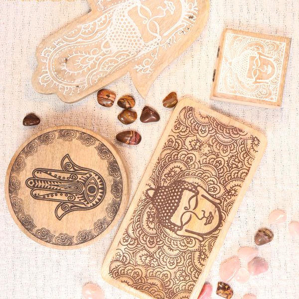 Wooden Boxes and Trays with Hamsa & Buddha