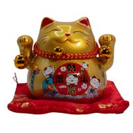 Ceramic Money Cat Bank - Gold on Cushion