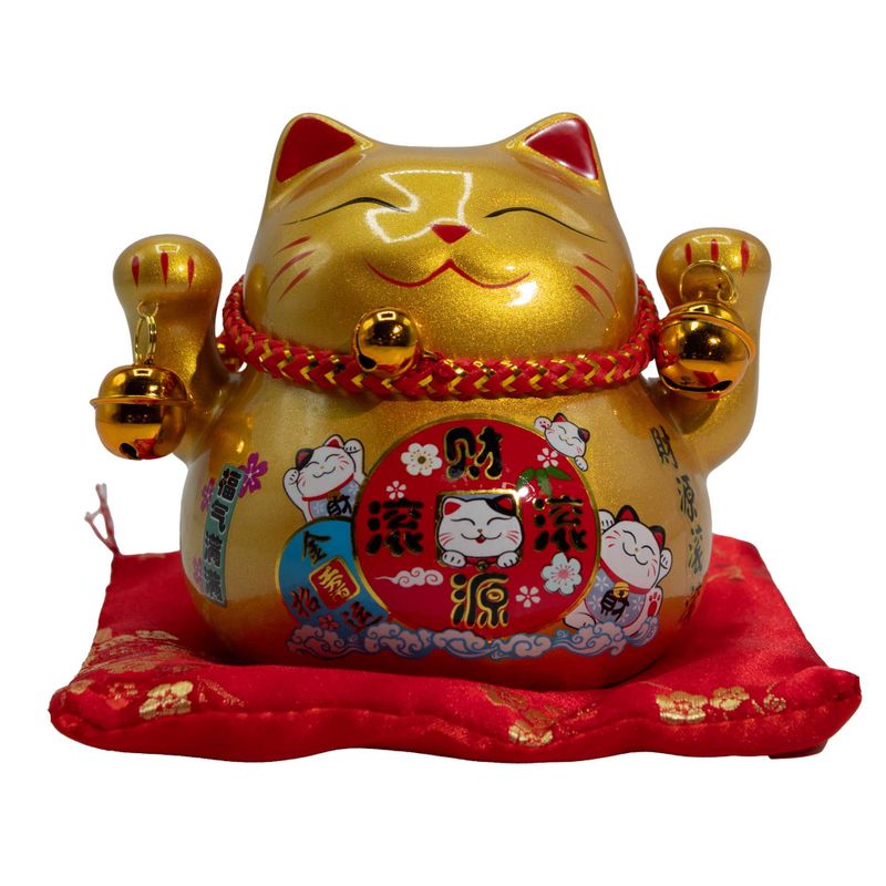 Ceramic Money Cat Bank - Gold on Cushion