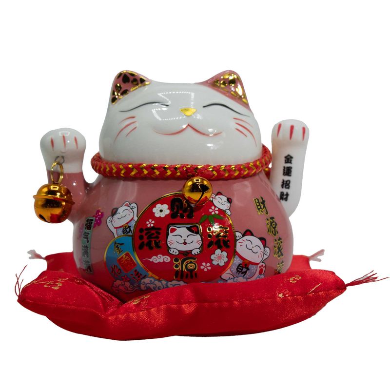 Ceramic Money Cat Moving Hand - Pink on Cushion (battery not included)