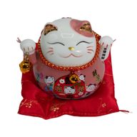 Ceramic Money Cat Moving Hand - Pink on Cushion (battery not included)