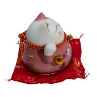 Ceramic Money Cat Moving Hand - Pink on Cushion (battery not included)