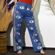 (ML) Nomad Sari On the Med Collection - Lounge Pants - Rich Blue & Gold Hand Painted Evil Eye Design