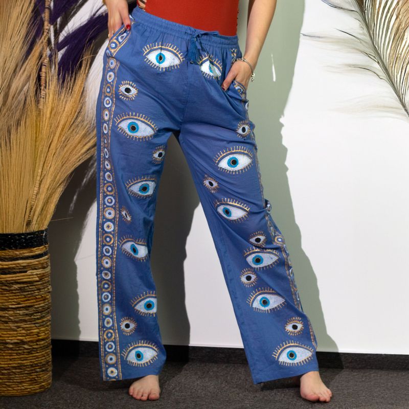 (LXL) Nomad Sari On the Med Collection - Lounge Pants - Rich Blue & Gold Hand Painted Evil Eye Design