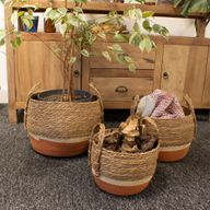 Straw & Seagrass Large Baskets - Natural & Orange- Set of 3