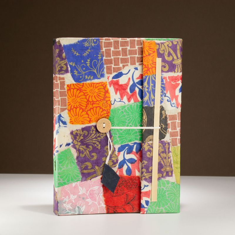 Lokta Patchwork Notebook – Large (21x15cm) – 45 Leaves – Includes Bookmark – Multi Colour