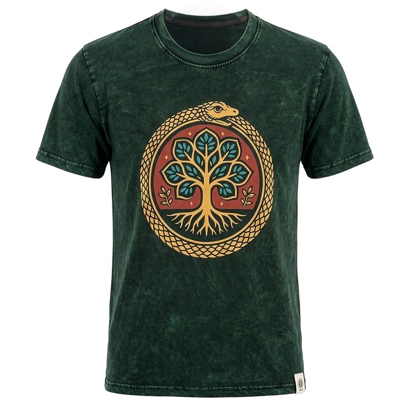 Nomad Sari Stonewashed Cotton T-Shirt - Tree of Life - Green - XL