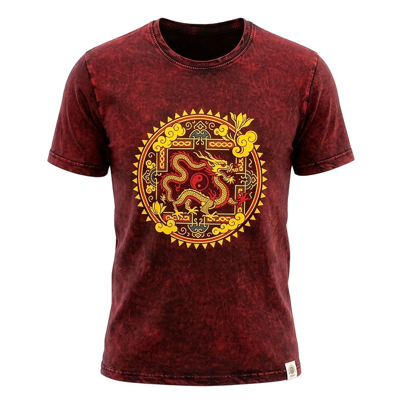 Nomad Sari Stonewashed Cotton T-Shirt - Dragon Mandala - Maroon - Large