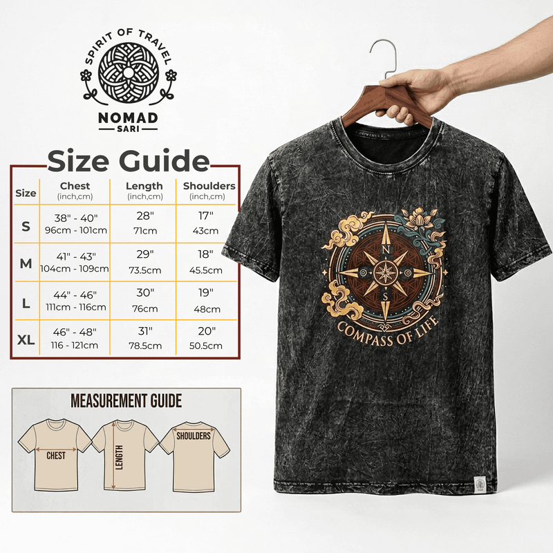 Nomad Sari Stonewashed Cotton T-Shirt - Compass of Life - Charcoal - Small