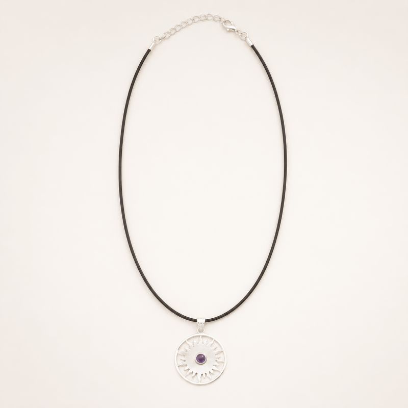 Indian Devotional Pendant - Silver Plated (45cm Cord)- Sun Worship Amethyst