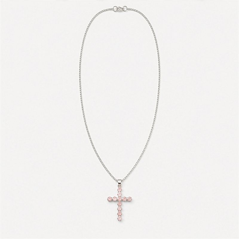 Indian Devotional Pendant - Silver Plated (45cm Chain)- Rose Quartz Crucifix