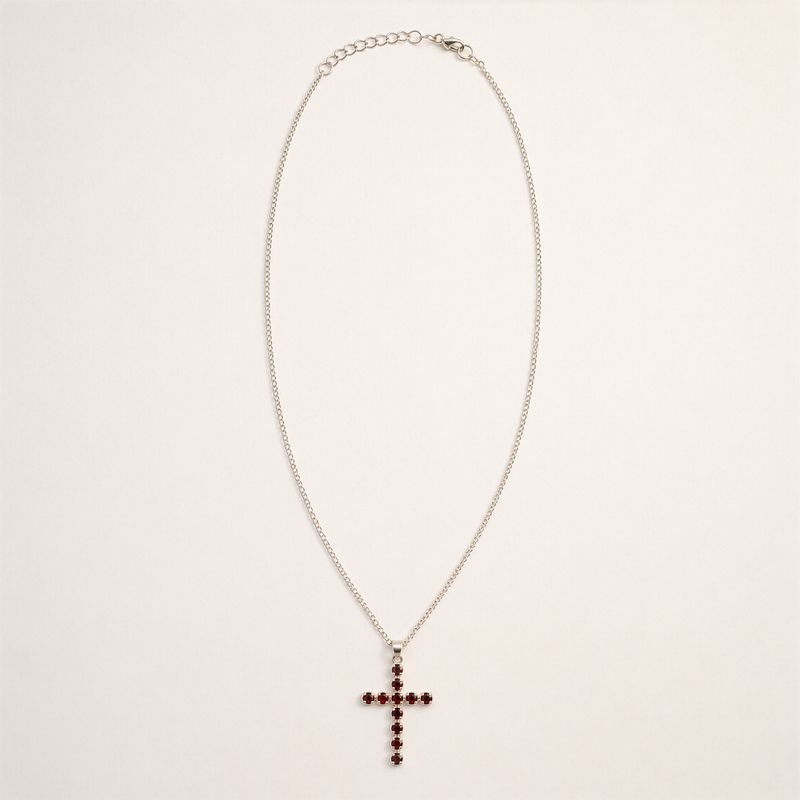 Indian Devotional Pendant - Silver Plated (45cm Chain)- Garnet Crucifix