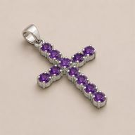 Indian Devotional Pendant - Silver Plated (45cm Chain)- Amethyst Crucifix